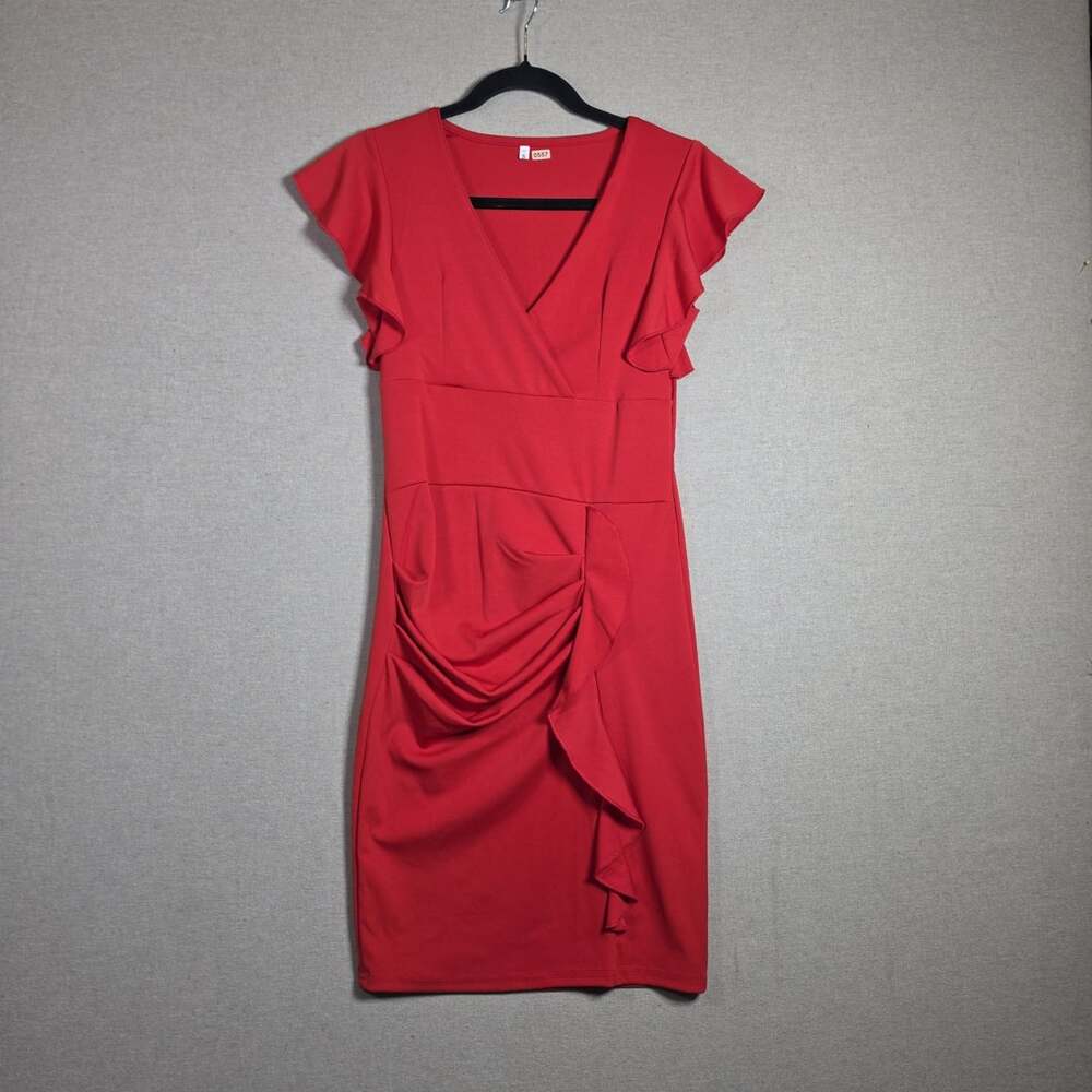 Red Midi Dress Ruched V-Neck Ruffle Sleeve Bodycon Stretch Pullover Sz S - Picture 2 of 11